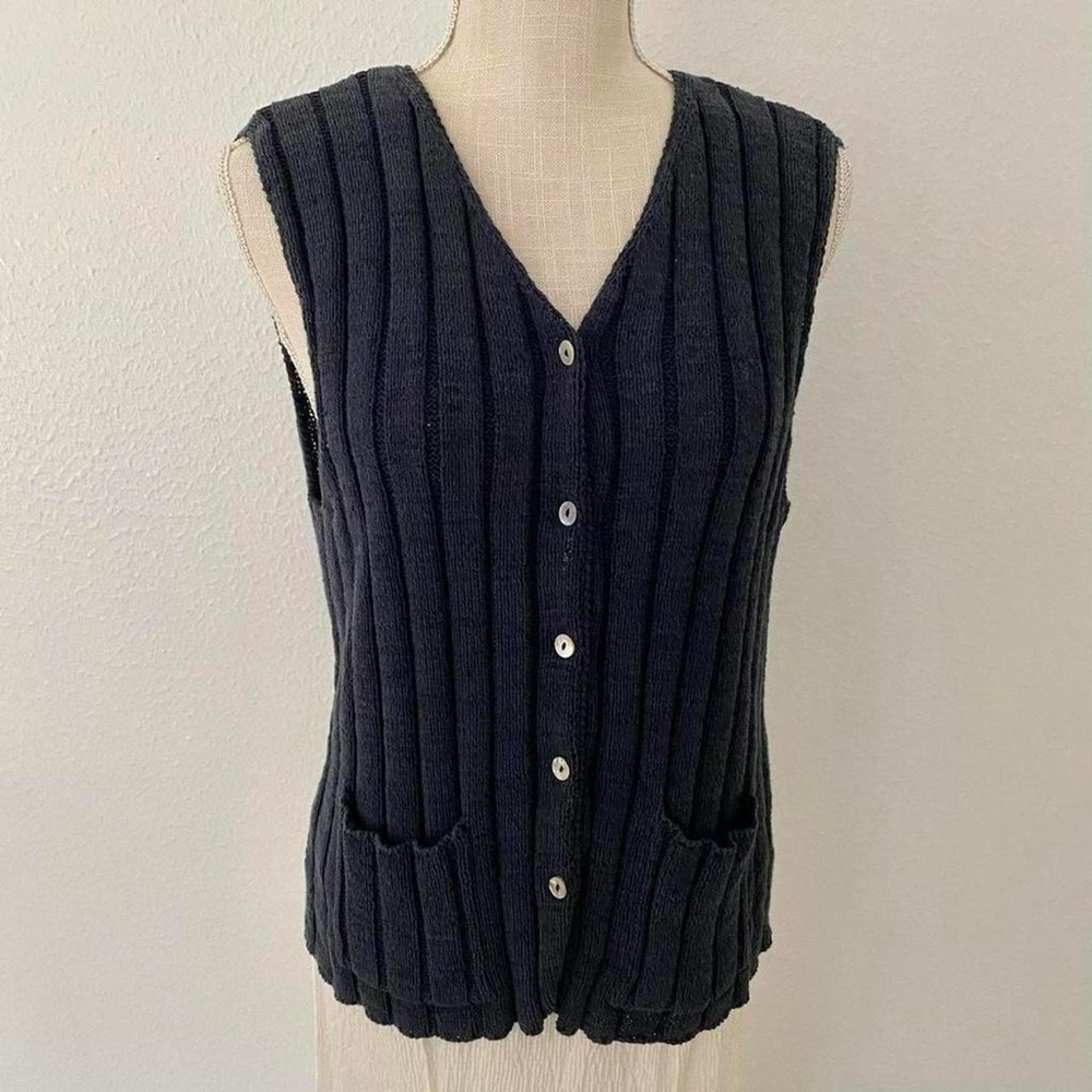Classic Ribbed Button-Front Sleeveless Sweater Vest - Navy